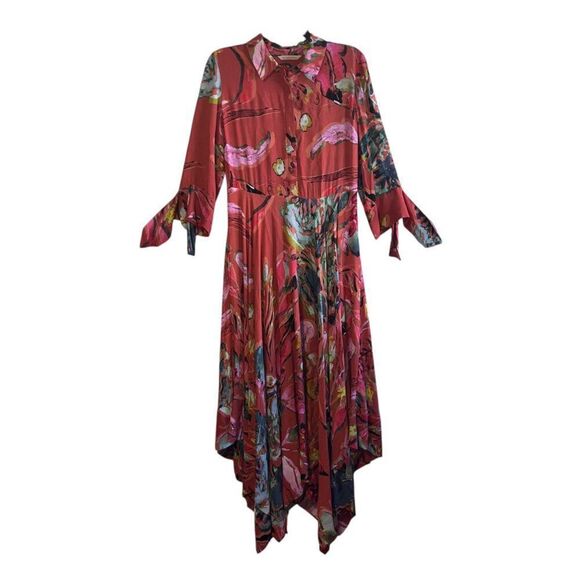 Women's Soft Surroundings Red Watercolor Floral Viscose Colllared Midi Dress Sm - Picture 1 of 13